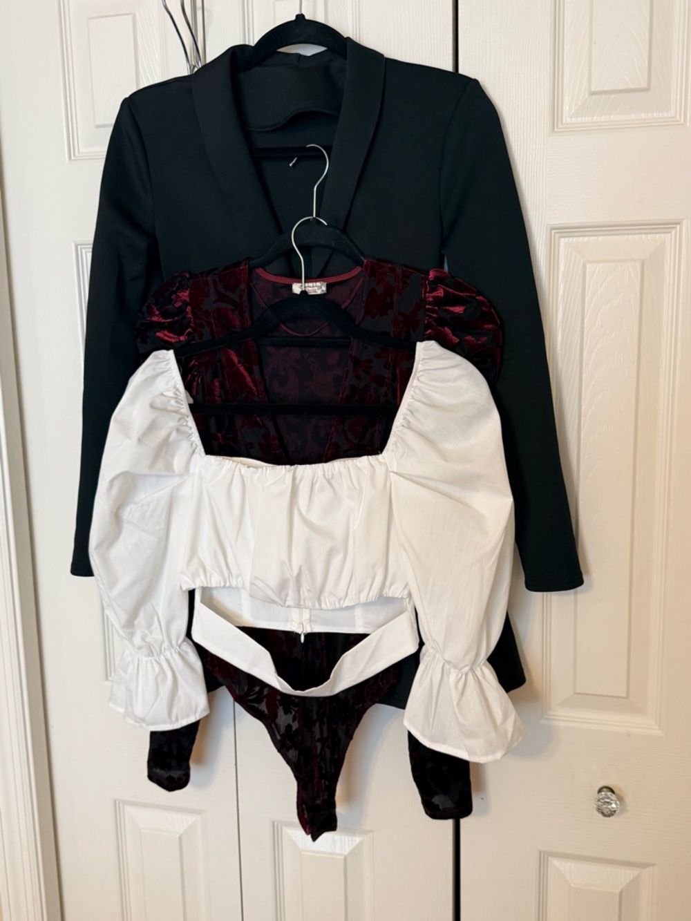 Black Blazer with Burgundy Velvet Bodice and White Puff Sleeve Crop Top Set